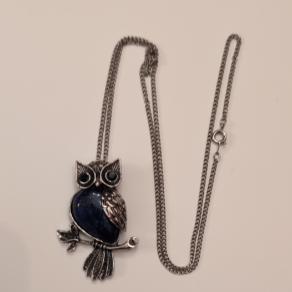 Silver And Blue Owl Pendant Necklace